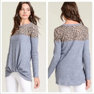Leopard Contrast Blue Long Sleeve Top | Soft Twist Hem Knit